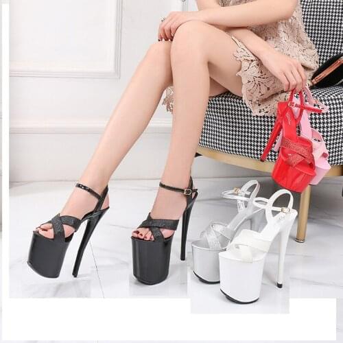 2020 Summer New 20cm Patent Leather High Heel Sandals Women Sexy Summer Thin Heels Shoes Female Sequins Platform Sandals WS300