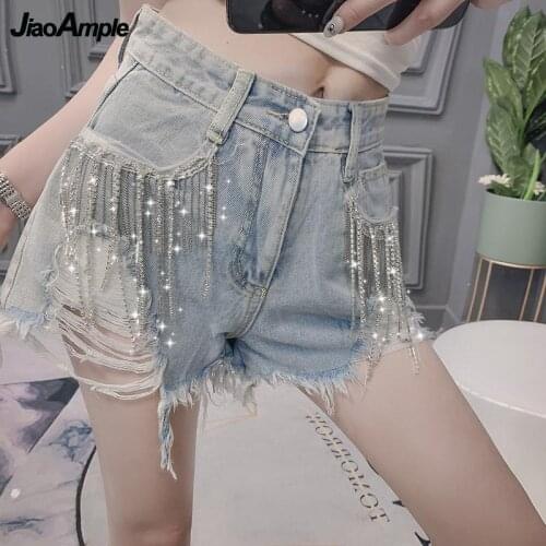 Womens Jeans Summer Korean Style High Waist Sexy Casual Denim Shorts 2021 New Fashion Diamond Tassel Retro Pants Ladies Clothes