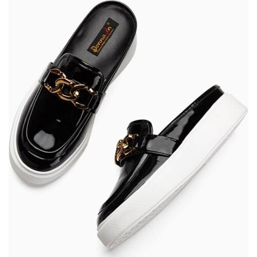 Donna-in 2021 Patent Genuine Leather Mules for Women Casual Thick Platform Slip-on Sandals Female Designer Shoes Metal Chains