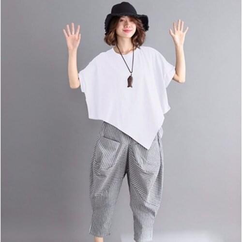 Women 2021 Summer Fashion Two Piece Sets Female Short-sleeved Casual T-shirt Ladies New Loose Thin Harem Pants Suits R25
