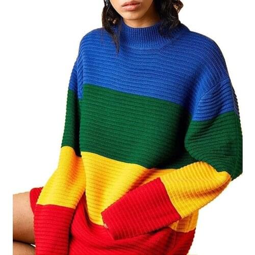 Autumn Winter Loose Sweater Female Rainbow Pullover Knitwear Wide Stripe Full Sleeve High Collar Knitting Jumpers Vestidos