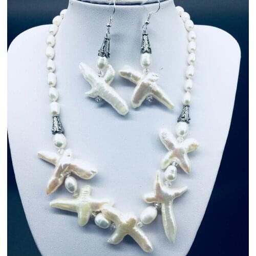White Cream Real Freshwater Pearl Jewelry Set Cross Rice Shape Necklace Earrings For Women