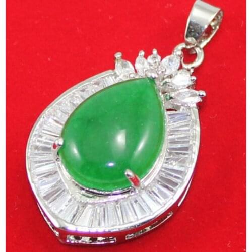 Womens fashion metal silver plated micro inlaid water drill + Green Malay jade Drop Pendant Necklace