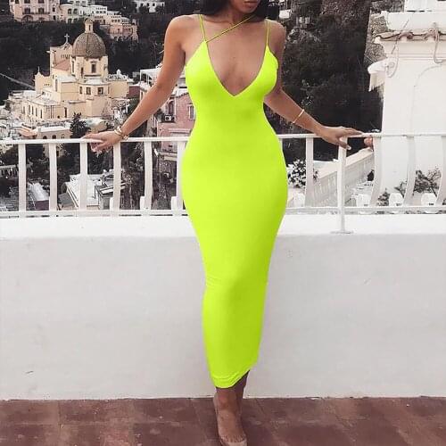 2021 Summer Women Sexy Strap V-neck Beach Maxi Dress Solid Neon Color Sleeveless Skinny Long Dress Female Bandage Party Clothes