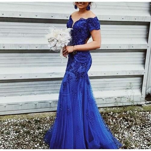 VKBRIDAL Long Lace Beaded Prom Dresses off Shoulder Maxi Corset Back Royal Blue Formal Evening Homecoming Party Gowns