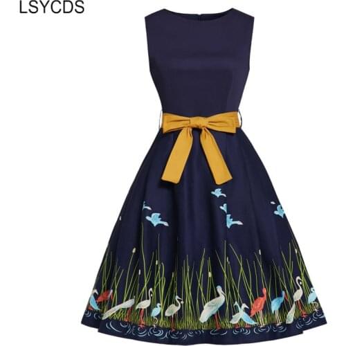 LSYCDS Vintage Midi Dresses Navy Blue Birds Print High Waist Rockabilly Dress Women A Line Bow Belted Tunic Pleated Dresses