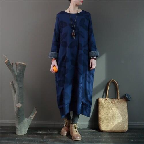 Johnature Women Jacquard Dresses Cotton Linen Robes O-Neck Long Sleeve Fleece 2020 Winter New Vintage Warm Women Casual Dresses