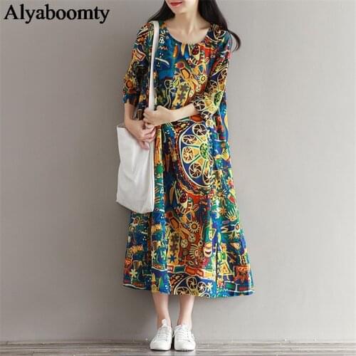 2021 Autumn Spring Women Vintage Long Dress Round Neck Printed Vestidos De Festa Half Sleeve Cotton Linen Gown Mori Girl Dress