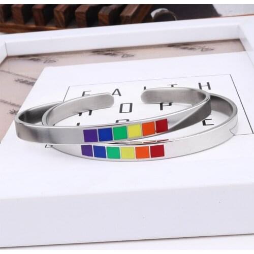Rainbow Love Pride Bracelets Lesbian & Gay Stainless Steel Enamel Cuff Bangle X7JB