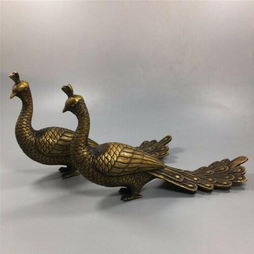 9.84" Exquisite Chinese pure brass Handmade fengshui Peacock statue A pair