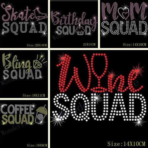 Bling Squad wine squad birthday coffe squad wine hotfix Rhinestone Iron On Transfer Motif -T Shirt Hot Fix Crystal Diamante