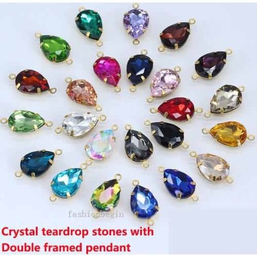 Double framed bronze pendant Crystal Teardrop rhinessttones sewing Water droplets stones shape for Jewelry making accessories