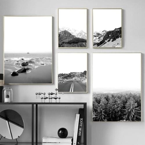 Black White Nature Landscape Beach Forest Mountain Canvas Psoter Nordic Wall Art Print Painting Living Room Decorative Picture