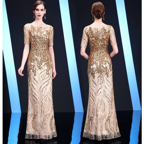Elegant Round Neck Long Mermaid Dress Formal Prom Party Gown Sexy Short Sleeve Sequins Evening Dress Vestido De