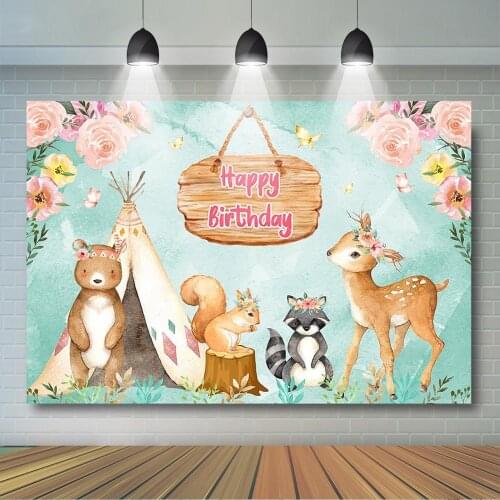 Woodland Animal Backdrop Boho Wild One Birthday Party Decor Banner Watercolor Floral Boho Tribal Tent Forest Animal Background