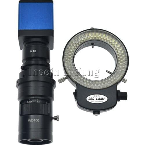 HD 1080P 60FPS HDMI Industry Video Microscope Camera+10X-200X Zoom C-mount Lens Working Distance 100-150mm+144 LED Light Source
