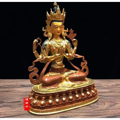 GOOD Buddha figure HOME efficacious Protection-30CM large Gilt Tibetan Buddhist Four arm Guanyin Avalokitesvara Buddha