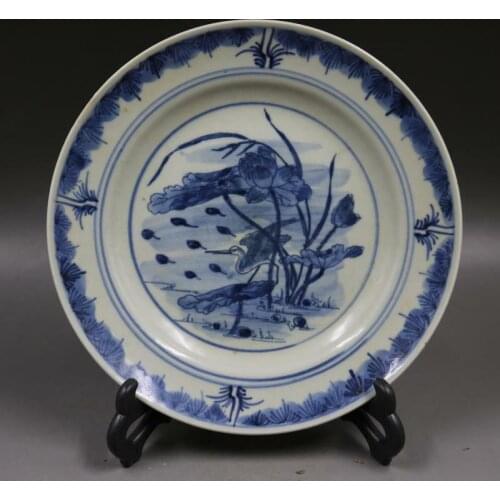 Chinese Old Blue and White Egret in Lotus Pond Pattern Porcelain Plate