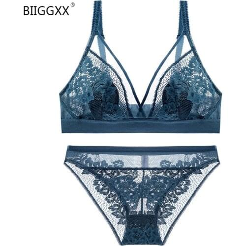 Biiggxx Womens bra underwear set see-through sexy lace pants without steel bones gather and push up the chest sexy large size