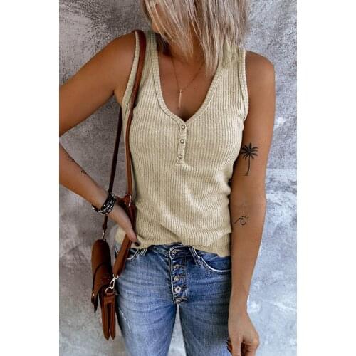 Khaki Ribbed Tank Top for Women Button Sleeveless V-neck Solid Summer Casual Tank Tops