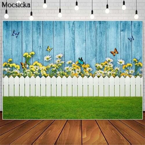 Mocsick Spring Garden Flowers Photography Backdrops White Fence Butterfly Decor Cake Smash Photographic Studio Photo Backgrounds