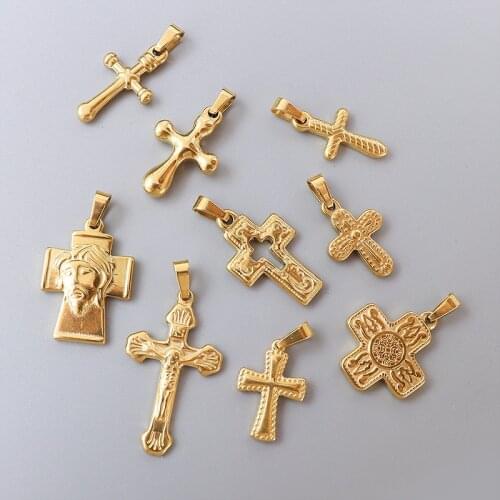 RHYSONG Fashion DIY Stainless Steel Vintage Jesus Cross Pendant Necklace Gold Charms For Women Jewelry Acc Making Without Chain