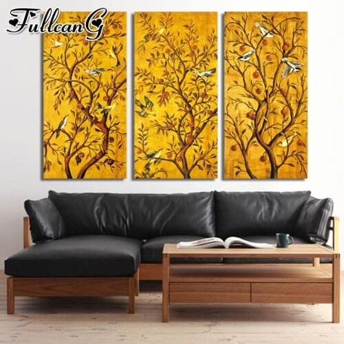 FULLCANG diy full square round drill large triptych diamond painting tree and bird animal mosaic embroidery home decor FC1999