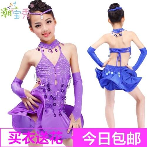 2018 New Childrens Latin Dance Costume Kids Summer Perpformance Show Clothing Childrens Latin Dance Skirt Dress B-3648