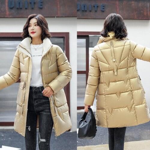 2021 New Winter Warm Glossy Parkas Women Jacket Fashion Big Pockets Long Coat Thicken Cotton Padded Parka Jackets Female Outwear