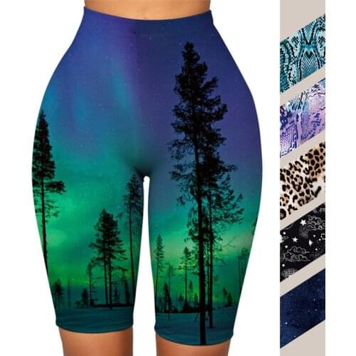 NADANBAO New Arrivals Ladied Sexy Short Legging 3D Print Green Aurora Pattern Leggings High Elastic Waist Bottoms Knee-Length