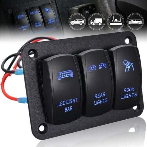1pc 3 Gang 5 Pin SPST Rocker Switch Panel 12V 24V ON/Off Toggle Switch Control Panel Blue LED Light For Boat Auto Car Marine ATV