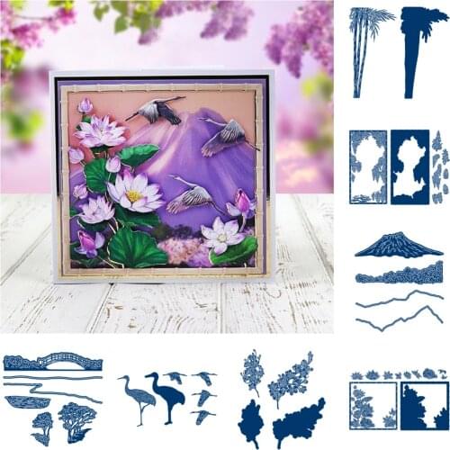 Water Lily Wisteria Frame Crane Tall Bamboo Cutting Dies Scrapbook Diary Decoration Embossing Template DIY Card Handmade 2021