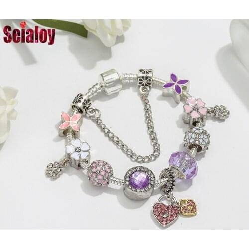 Seialoy Fashion Purple Crystal Charm Bracelets For Women Girl Original Heart Pendant Daisy Flower Beads Bangle Jewelry