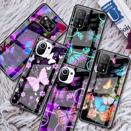 Glass Case For Xiaomi Mi Poco X3 NFC F3 GT M3 10T Pro 11 Note 10 Lite 9T F2 Tempered Phone Cover Funda Purple Glitter Butterfly