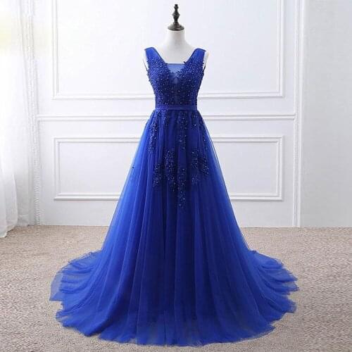 Gardenwed Royal Blue Slight Evening Dress 2019 de gala A line V neck Tulle Appliques Beaded abiye Formal Dresses abendkleider