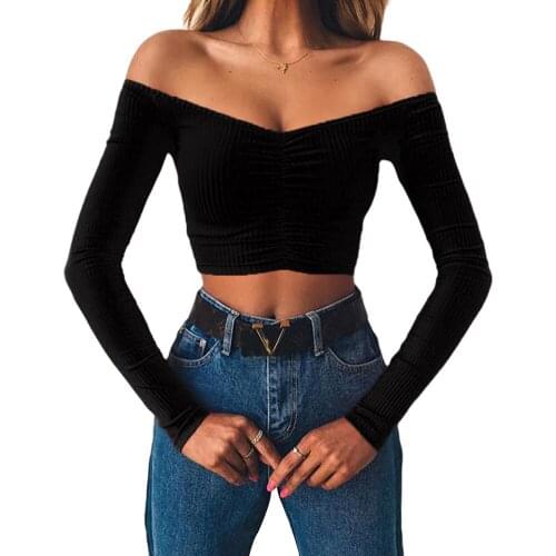 Woman T shirt Top Sexy Solid Color Off Shoulder Long Sleeve Ruched Cropped T-shirt Summer Autumn Fashion Casual T-shirt Tops