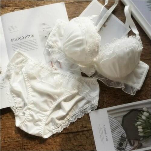 2 Piece Set Women Brief Sets Plus Size Japanese Sexy Lingerie Push Up White Lace Bra and Panty Set Bralette Fox Gathered Bra New
