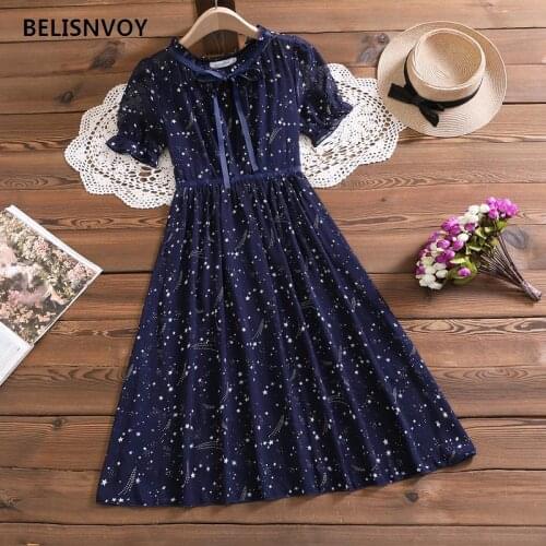 Mori Girl Elegant Mesh Chiffon Maxi Dress Ruffled Star Printed Summer Lace-up Bow Dresses Women Sweet Fairy Party Vestidos