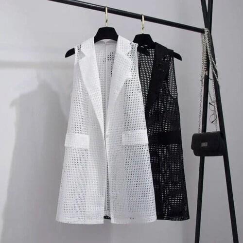 Summer New Korean Style Hollow Suit Vest Cardigan Thin Section Long Section Loose Thin Coat Waistcoat Women