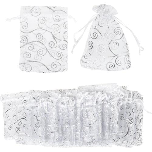 100Pcs Sheer Organza Favor Bags for Wedding Baby Shower Rattan Print Gift Bags Samples Display Drawstring Pouches (9X12cm, Silve