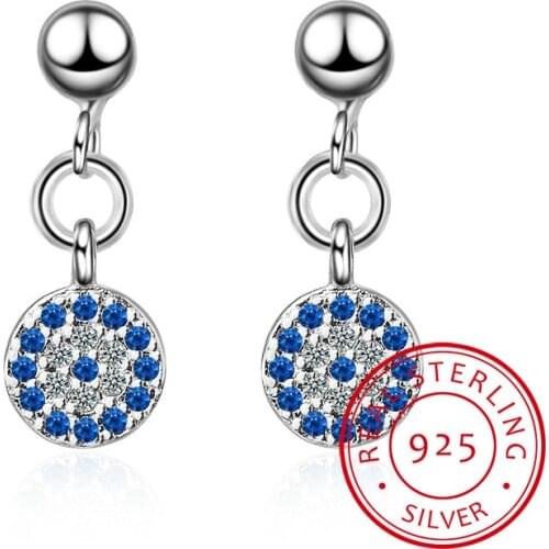 925 Sterling Silver Earrings For Women Micro-inlaid Blue Clear CZ Zirconia Round Lucky Turkey Evil Of Eye Earrings S-E571