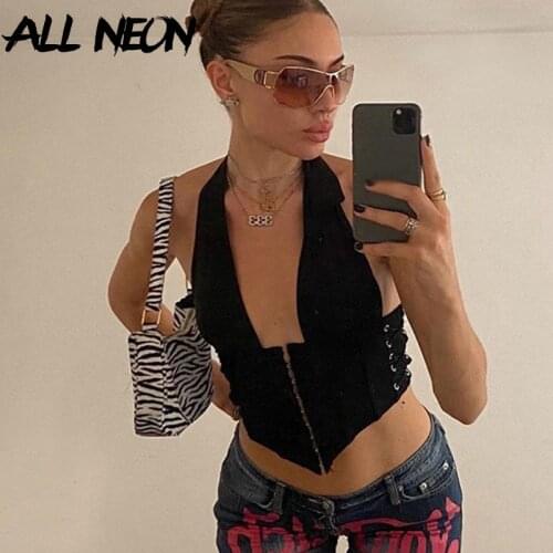 ALLNeon Y2K Aesthetics Sexy Backless Black Corset Tops 2000s Fashion Lace-Up Deep V-neck Halter Crop Tanks Clubwear Sleeveless