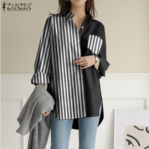 Womens 2021 Cotton Linen Blouse ZANZEA Korean Patchwork Tops Office Lady Spring Lapel Blusa Casual Long Sleeves Shirts Oversized