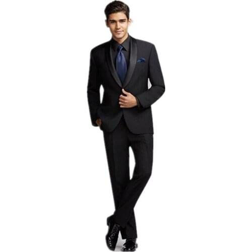 Brand Groomsmen Shawl Satin Lapel Groom Tuxedos Black Mens Suits Wedding Best Man men suit (Jacket+Pants+Tie+Handkerchief)