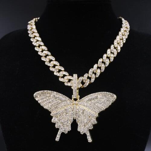 Big size Butterfly pendant charm 12mm bubble miami curb cuban chain hip hop necklace rapper gift rock men women jewelry golden
