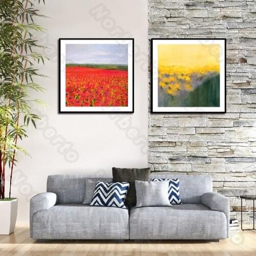 Flower Landscape Canvas Painting Poster Red Flower Sea and Obscure Yellow Flowers Like an Abstract Picture for Home Rooms Decora