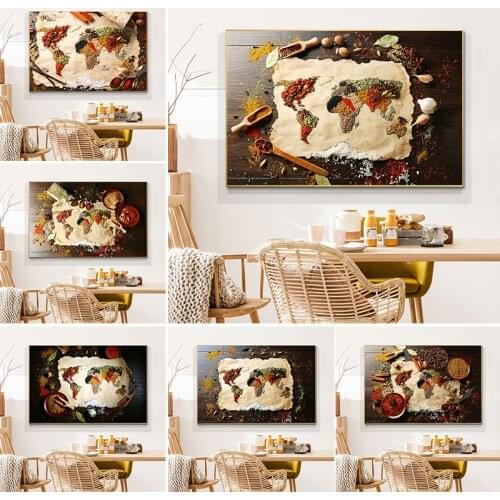 World Map with Kitchen Spice Canvas Painting Poster and Print Wall Art Food Picture Cuadros Home Decoration Room Decor