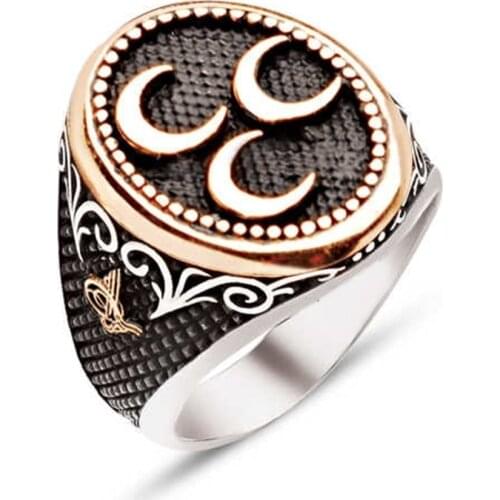 Silver Custom Cut Three Crescent Motif Embroidered Men 'S Ring