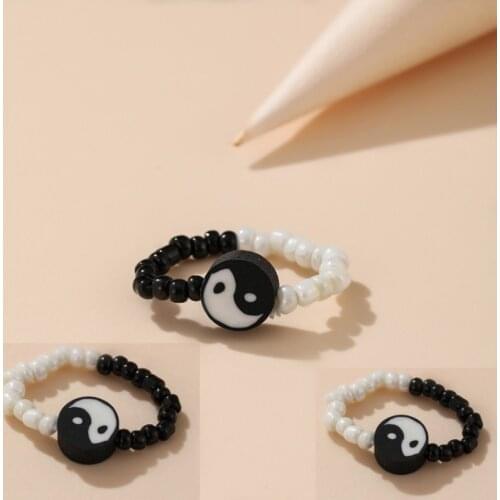 Korea Tai Chi Resin Seed Beads Rings for Women Charming Tiny Simple Geometric Black White Tai Chi Yin Yang Elastic Ring