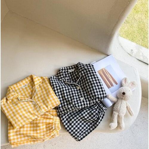 2021 Korea style girls 2 pcs set plaid shirt+long pants autumn cotton kids pajama suit 1-7 years WS72